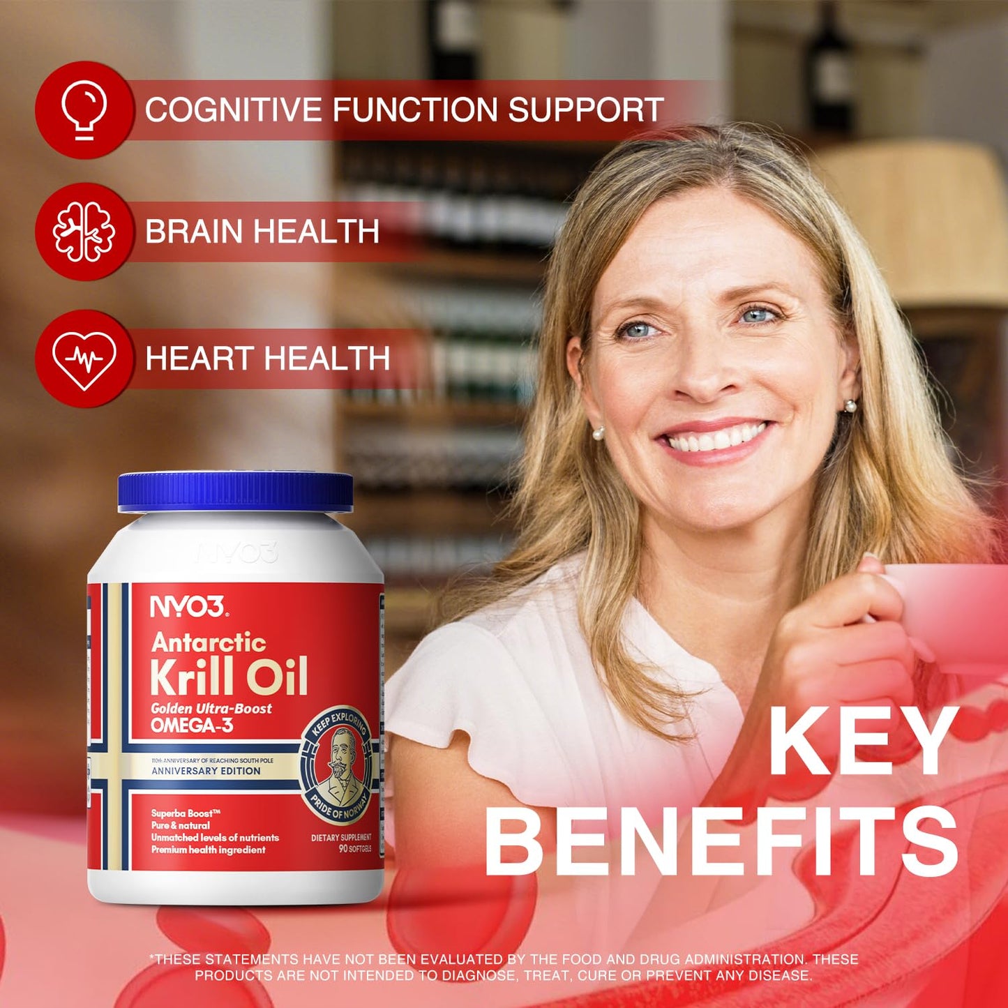 NYO3 1500mg Krill Oil Omega 3 Supplement, Senior's Top Choice, High Content EPA DHA & High Absorption Pure Antarctic Krill Oil with Astaxanthin and 56% Phospholipids, Laboratory Tested,90 Softgels