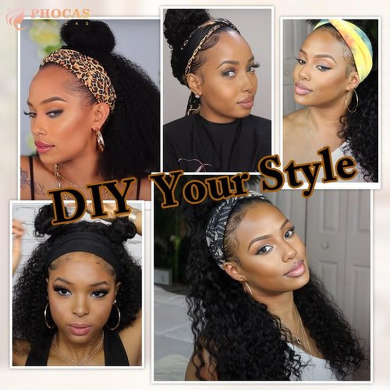 PHOCAS Curly Headband Wig Highlight Brown Headband Wigs 23‘’/58cm Synthetic Headband Wig for Women Daily Use