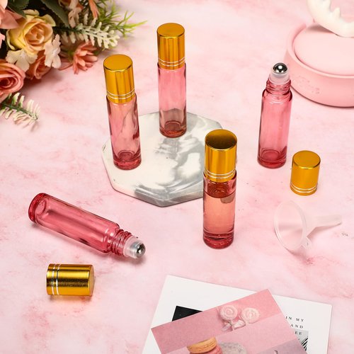 Sumind 150 Pcs Essential Oil Roller Bottles 10 ml Glass Roller Bottles with Stainless Steel Roller Balls Empty Bottles Leak Proof Roll on Bottles with 5 Funnel for Travel Essential Oil (Pink)