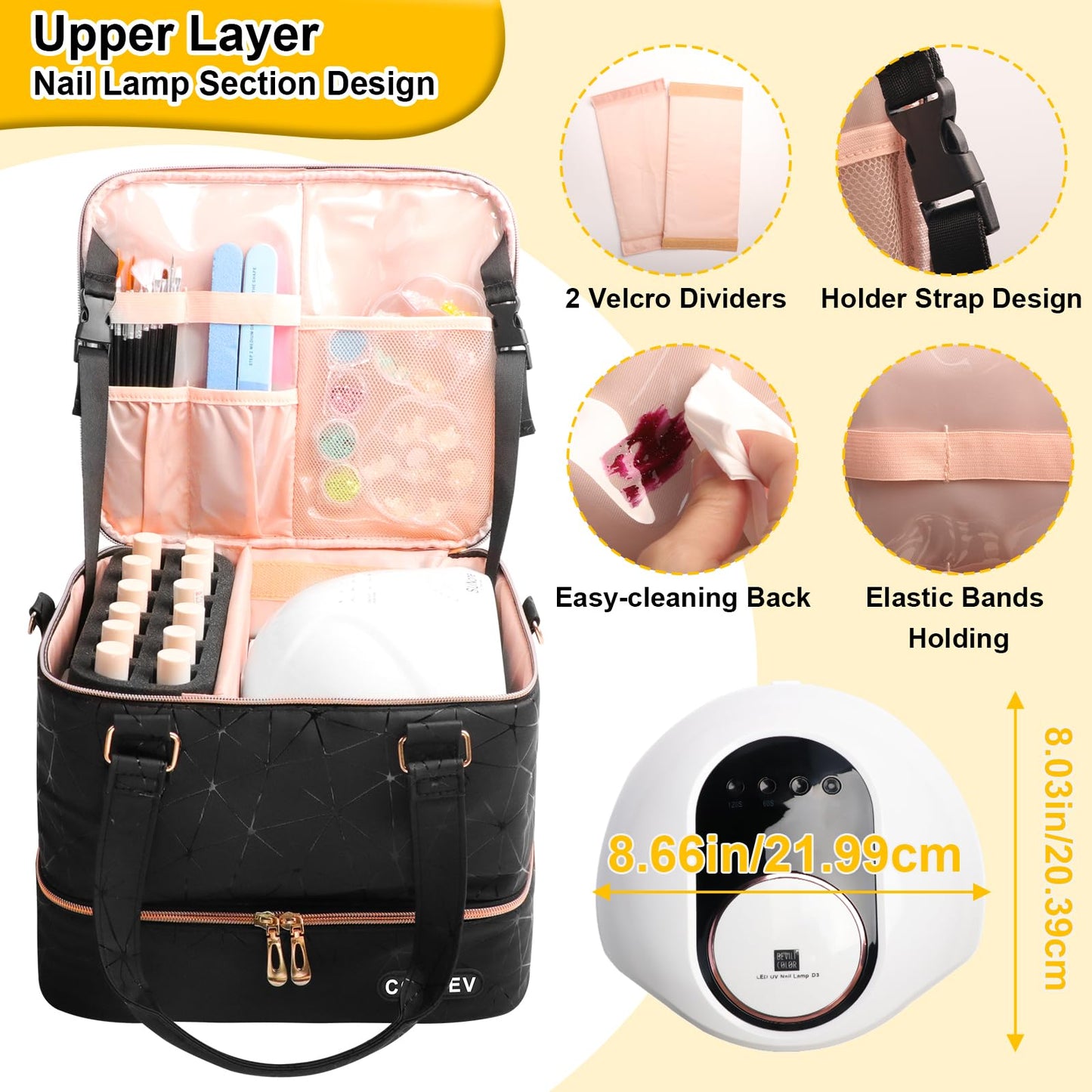 Covkev Nail Polish Organizer Hold 54 Bottles (15ml/0.5 fl.oz), PU Leather Nail Lamp Kit Supplies Organizer Bag Travel, Double Layer Nail Organizers and Storage Case with Holder& Shoulder Strap (Black)