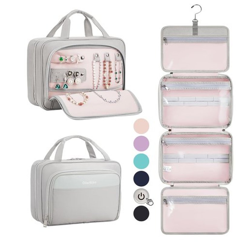 OlarHike Travel Toiletry Hanging Bag Waterproof, Makeup bag, Toiletries, Jewelry, Travel Essentials 3 in 1 Packing Organizers, Cosmetic Travel-Sized Container, Medium for Women Light Grey