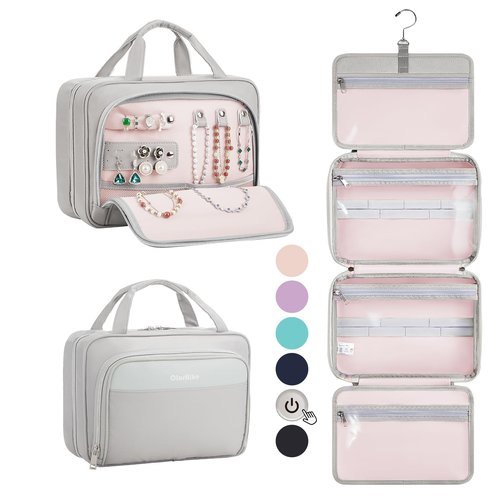 OlarHike Travel Toiletry Hanging Bag Waterproof, Makeup bag, Toiletries, Jewelry, Travel Essentials 3 in 1 Packing Organizers, Cosmetic Travel-Sized Container, Medium for Women Light Grey