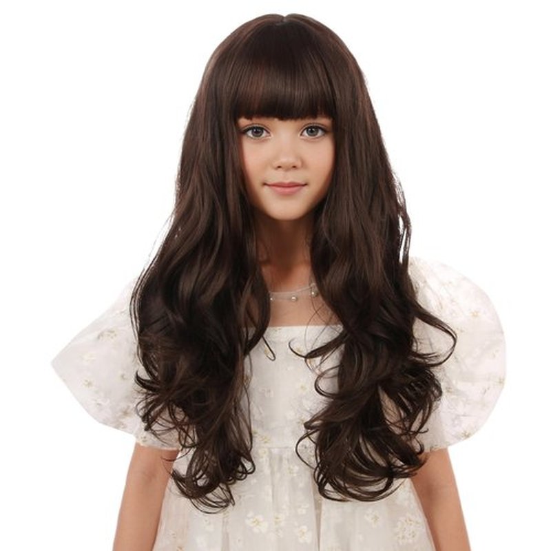 Edivd Kids Mixed Brown Wig Long Dark Brown Wig with Flat Bangs for Child Girls Long Brown Wavy Curly Wig Heat Resistant Synthetic Wig with Wig Cap