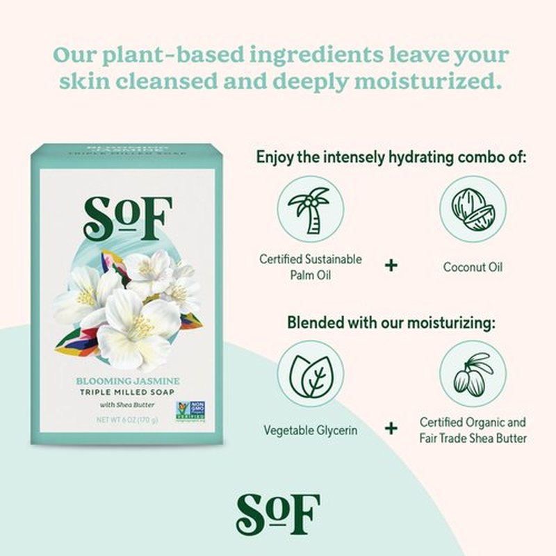 South Of France Blooming Jasmine Bar Soap by SoF Body Care (Formerly Body Care) | Triple-Milled Soap with Organic Shea Butter + Essential Oils | Vegan, Non-GMO Body Soap | 6 oz Bar | 6 Bars