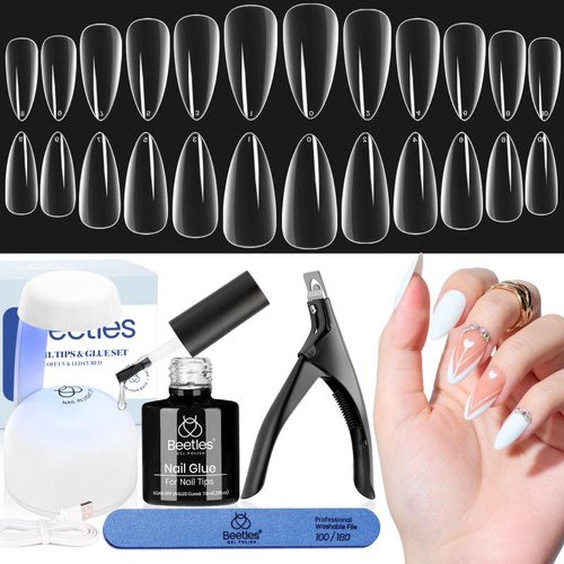 Beetles Easy Gel Tips Nail Extension Kit Extra Short Stiletto Pre-shaped False Nail Tips with 5 In 1 Nail Glue Gel Base Coat Fake Nails and Uv Led Nail Lamp Diy Gift for Women