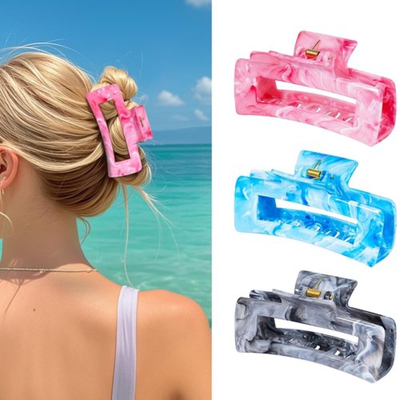 SHINLEA 3PCS Hair Claw Clips for Women, 4.1 Inch Non-slip Medium Hair Clips for Thin Hair, Strong Hold Hair Claw, Reference Ink Painting Design, Hair Accessories for Girls Gifts (Pink & Blue & Gray)
