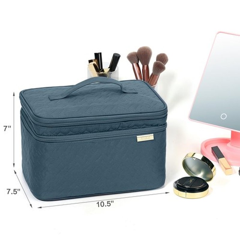 NISHEL Large Double Layer Travel Makeup Bag Women, Large Cosmetic Case, Organizer for Travel-Size Accessories Bottles, Brushes, Conditioner, and Skin Care Products, Lake Blue