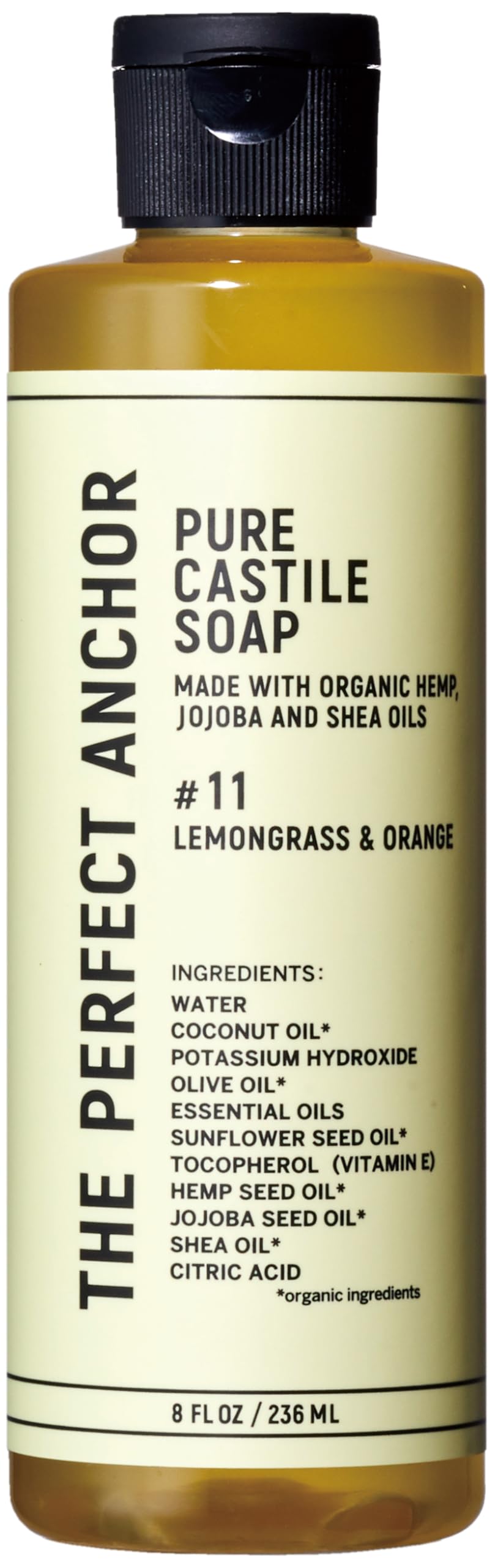 The Perfect Anchor Pure Castile Soap Lemongrass and Orange 8 fl oz Face & Body Wash & Makeup Cleanser 100% Natural OTCO Organic Liquid Soap Vegan Palm-Oil-Free Japanese-Inspired (Formulated in Japan)