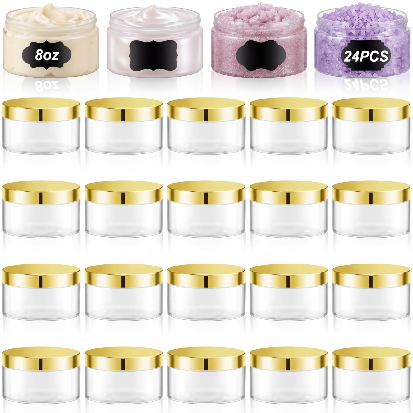 Dandat 24 Pcs 2/4/6/8/10/12oz Plastic Clear Jar Container with Gold Lid and Label, Empty Round PET Cosmetic Jars for Lotion, Cream, Body Butter, Sugar Scrub, Slime (8oz, Clear Jar with Gold Lid)