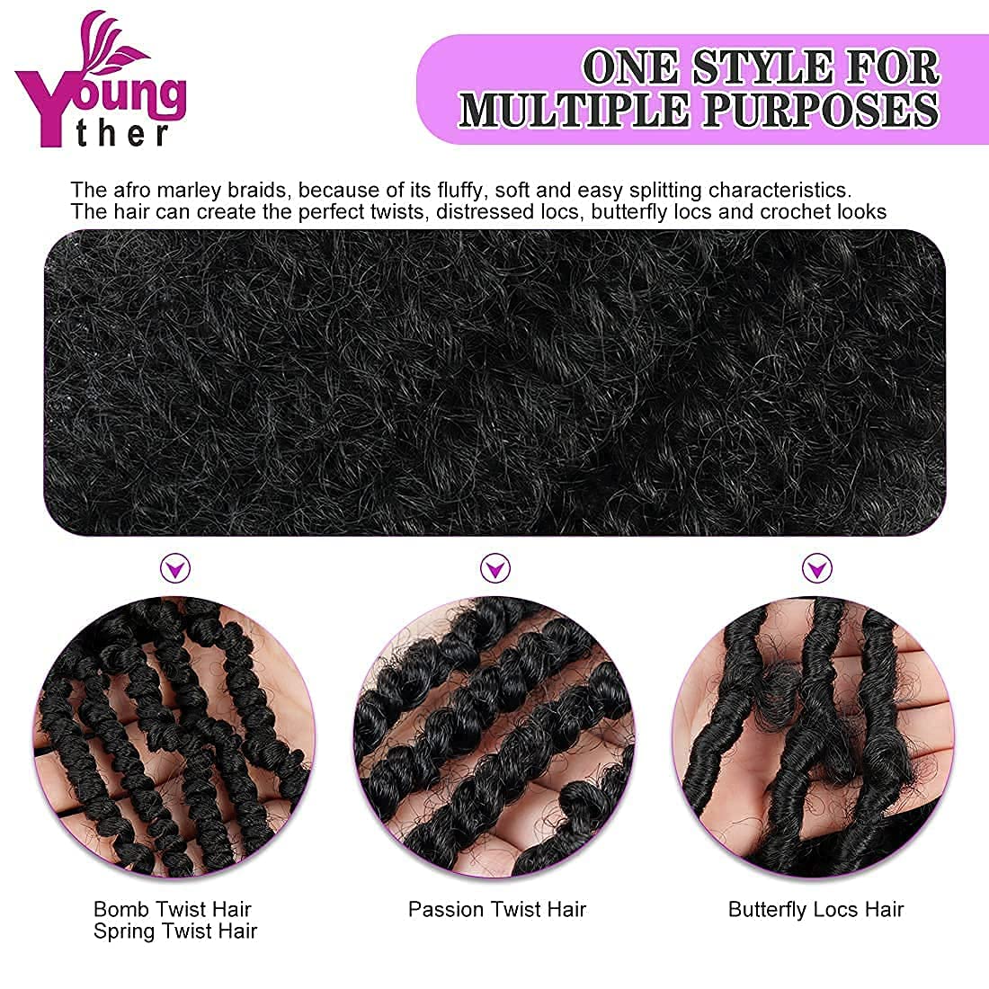 Youngther 36 inch Pre Separated Springy Afro Twist Hair 4 Packs Soft Spring Twist Hair For Marly Braiding Hair Synthetic Crochet Hair Extensions for Black Women(36 inch #1B)