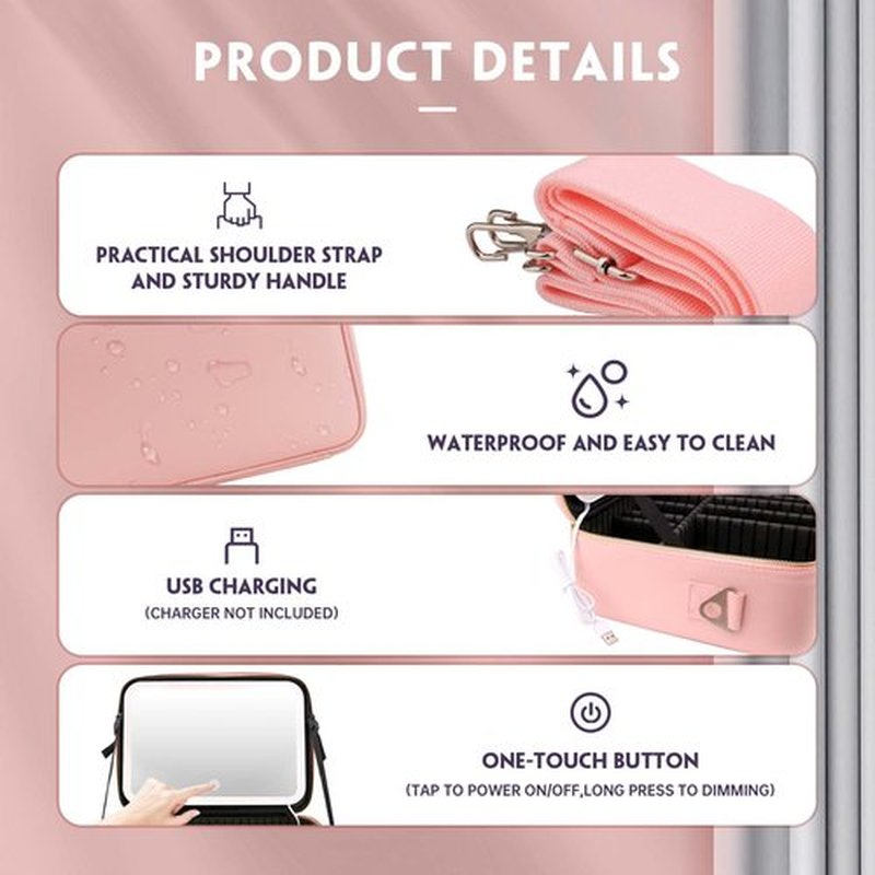 Smacen Large capacity Cosmetics Train Case with LED Lighted Mirror Rechargeable 3 Color Lights Adjustable Brightness Portable Makeup bag with Adjustable Dividers and Shoulder Straps (Pink)