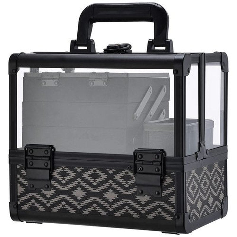 Joligrace Makeup Box 10 Inch Cosmetic Train Case with Clear Acrylic Shell Jewelry Organizer with 3 Tiers Trays, Mirror and Brush Holder Lockable Portable Travel Cosmetic Display Case Black Geometry