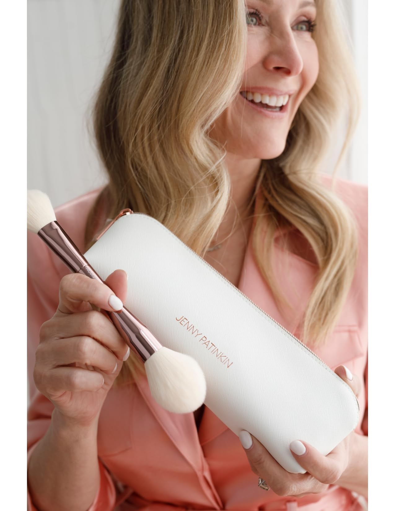 Jenny Patinkin Makeup Brushes, 6 Luxury Dual Ended, Professional & Travel Makeup Brush Set with White Leather Case, 2.5x More Vegan, Soft Bristles for Full Face Flawless Application.