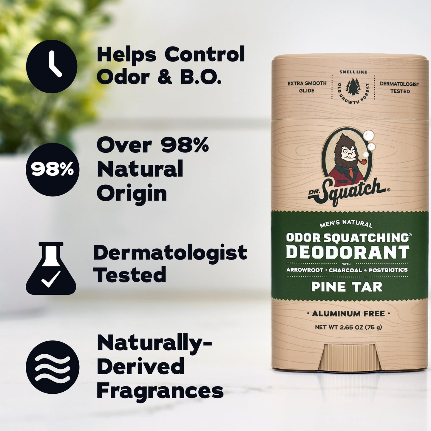 Dr. Squatch Natural Men’s Deodorant – Aluminum Free Natural Deodorant Men with Charcoal & Postbiotics for 72-Hour Odor Protection – Pine Tar, 2.65oz Stick