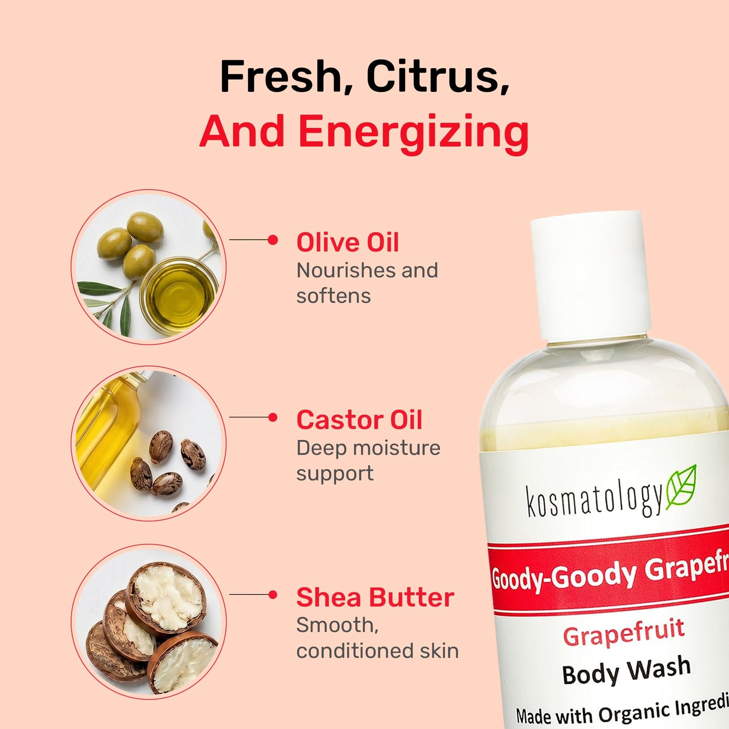 kosmatology Goody-Goody Grapefruit Organic Body Wash | Moisturizing Body Cleanse | Nourishing, Clean Ingredients, Infused with Grapefruit Essential Oil | 8 fl oz
