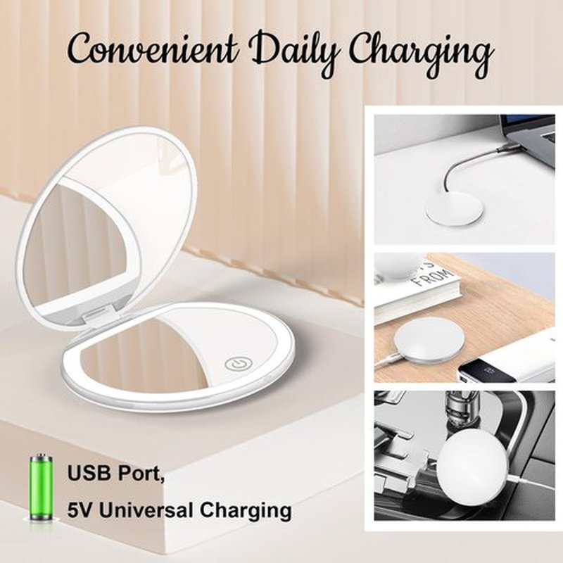 Kakuje Compact Mirror with Light, 1X/3X Magnification LED Pocket Mirror with USB Data Cable,Mini Mirror for Purse, Pocket,Travel and Present (White)