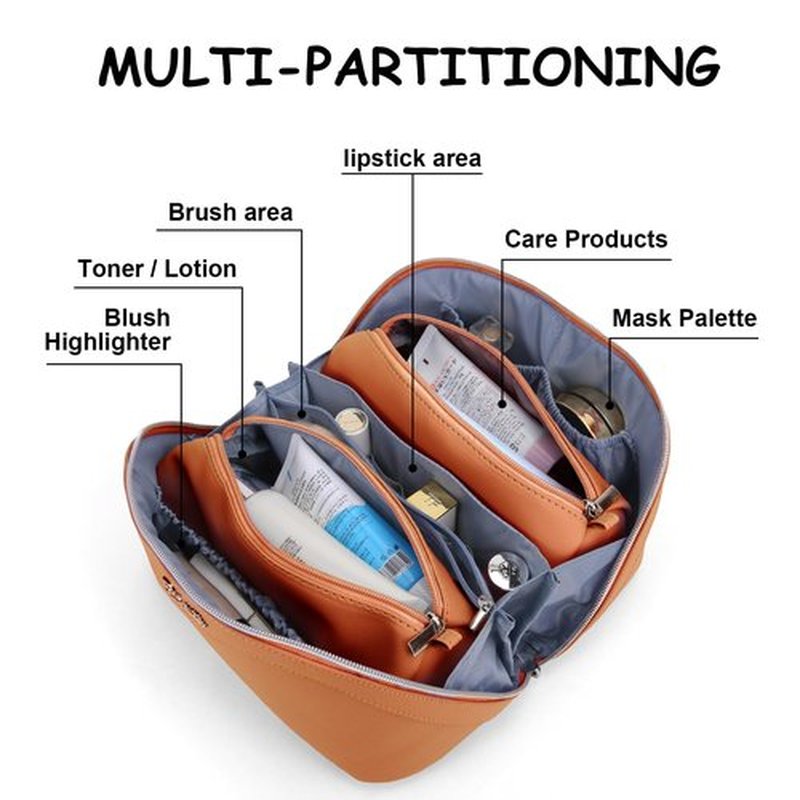 Travel Makeup Bags Cosmetic Organizer Bag: 3-Set Large Capacity Make up Bag - PU Leather Toiletry Bag for Women - Wide Open Portable Pouch with Divider & Handle (09-Orange brown)