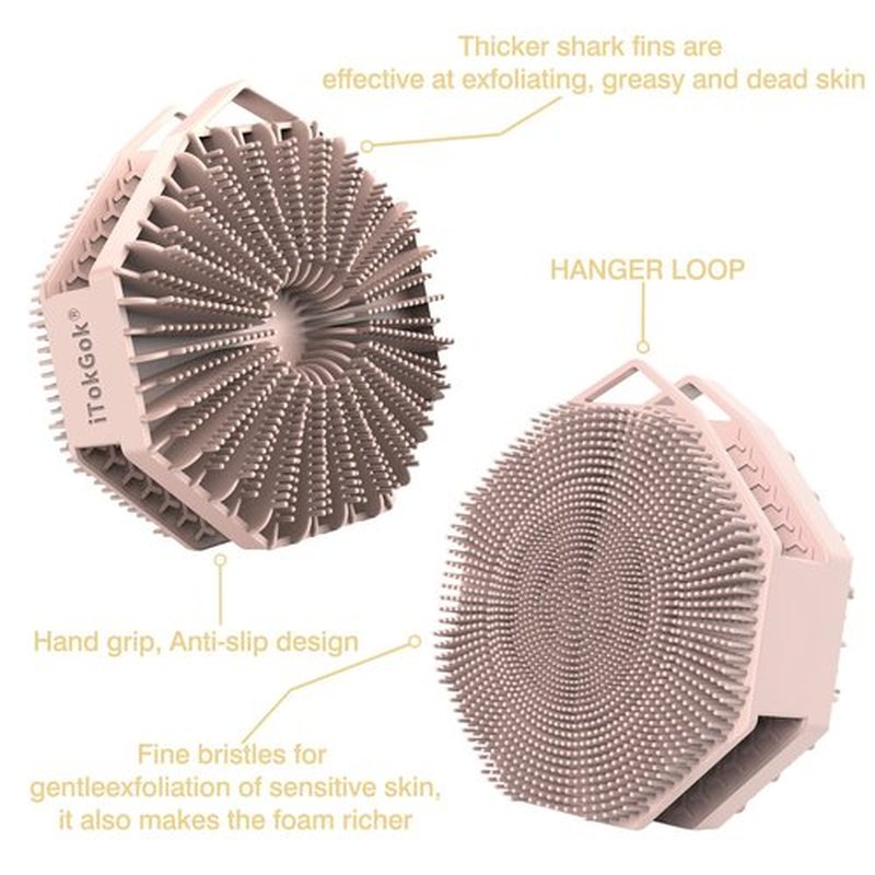 iTokGoK® Silver-Infused 2-in-1 Silicone Body Scrubber, Double-Sided Design Body Brush Silicone Scrubber Exfoliating Brushes for Sensitive Skin for Showering for Women Silicone Loofah- Sand Pink