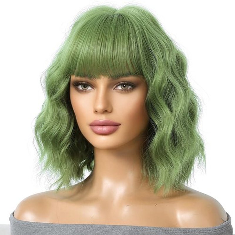 MAGQOO Green Wig for Women Green Bob Wigs Short Curly Wavy Green Wigs with Bangs Costume Cosplay Halloween
