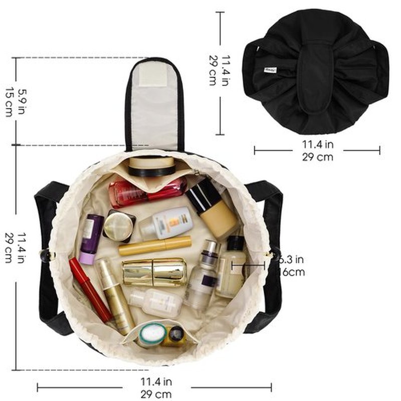 Barrel Drawstring Makeup Bag Large Cosmetic Bag Make up Bags Women Toiletry Organizer for Travel Toiletries Accessories Essentials (Black) (Patent)
