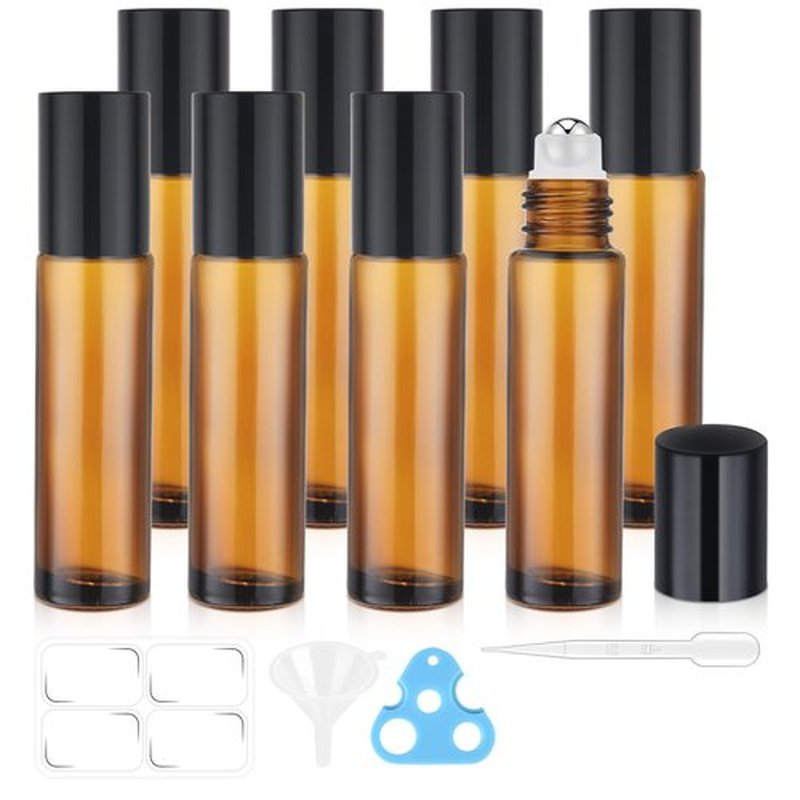 bofessor 8 Pack Essential Oil Roller Bottles, 10ml Amber Glass Roll on Bottles, Stainless Steel Roller Ball, Opener, Plastic Pipettes, Funnel, 8 Stickers, Refillable Container for Perfume