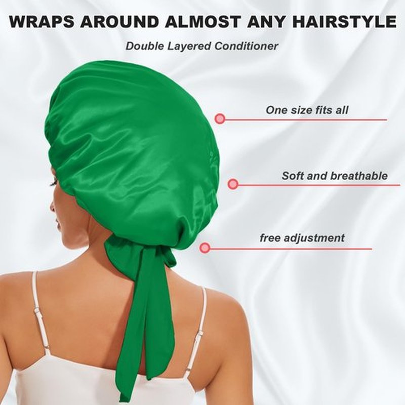 Large Satin Silk Hair Bonnet for Sleeping, Double Layer Satin Bonnets with Tie Band Hair Wrap for Women Men Shower Cap
