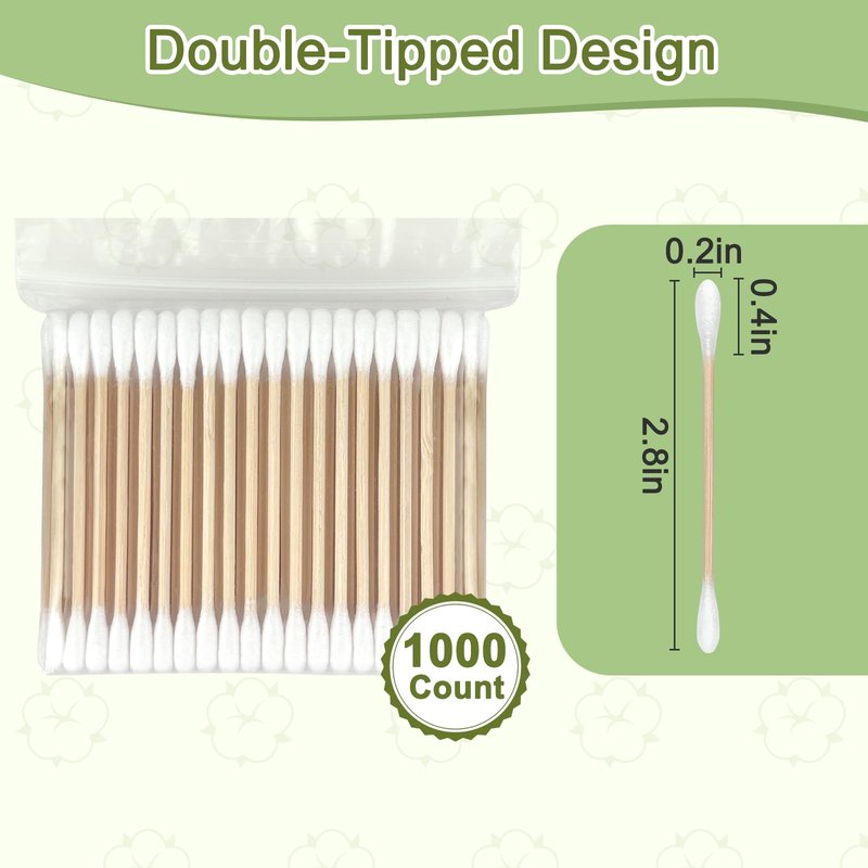 Meanhoo 1000 Count Bamboo Cotton Swabs – Sturdy Wooden Sticks for Makeup & Personal Care, Biodegradable Double-Tipped Cotton Buds – Gentle & Absorbent Applicator for Home & Travel (10 Packs of 100)