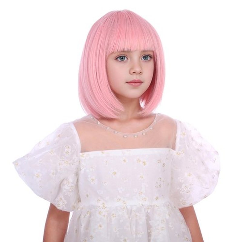 Edivd Girls Light Pink Bob Wig Kids Short Pastel Pink Bob Wig with Bangs Pink Bob Wig for Child Heat Resistant Synthetic Wig with Wig Cap