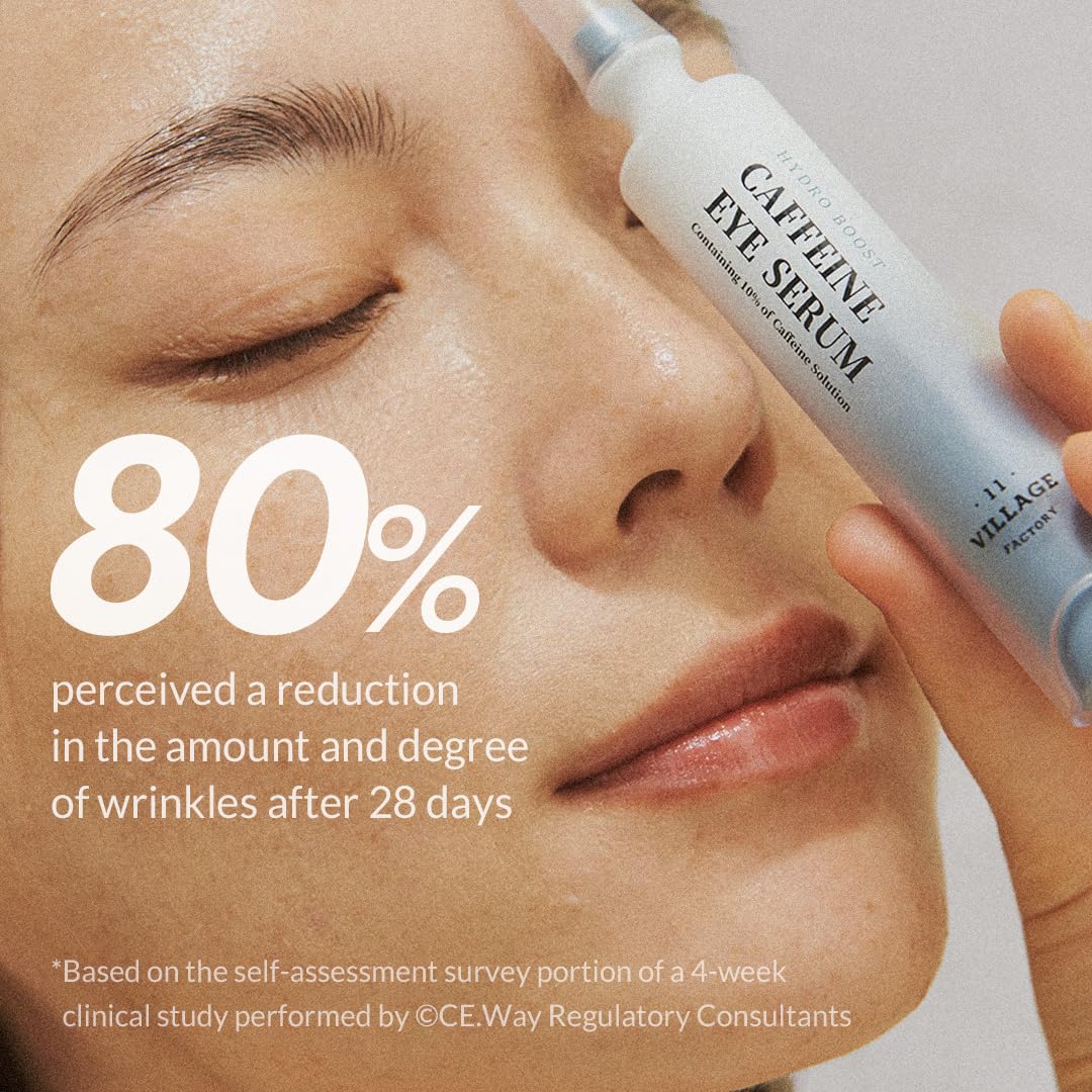 VILLAGE11FACTORY Hydro Boost Caffeine Eye Serum with 10% Caffeine Solution, Niacinamide, Hyaluronic Acid & Hexapeptide-8 for Depuffing, Elasticity, Dark Circle Treatment (0.33 fl.oz./10ml)