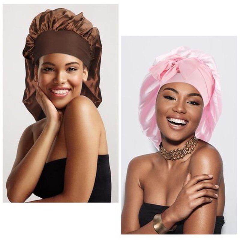 Arqumi Satin Silk Bonnet for Sleeping Women - 2 Pcs Large Long Strap Tie Band Adjustable Sleep Night Shower Cap Hair Bonnet Wrap for Men Reusable, Pink+ Brown