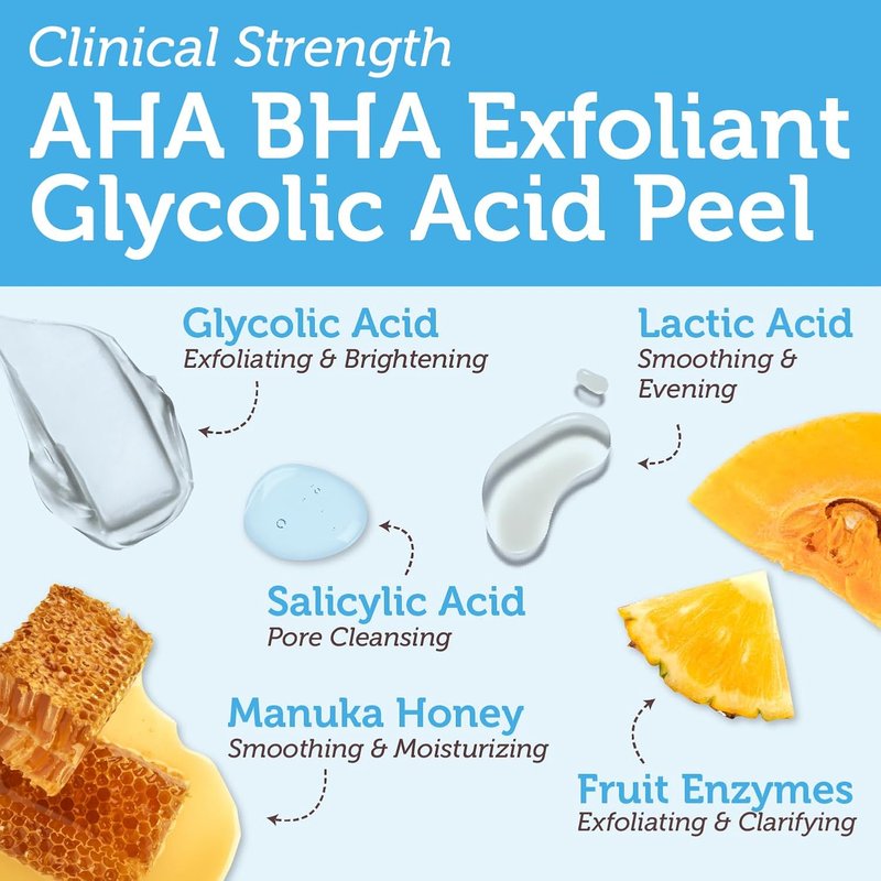 Glycolic Acid Peel - AHA BHA Exfoliant for Age-Defying Skin | Clinical Strength Formula with Aloe Vera & Manuka Honey