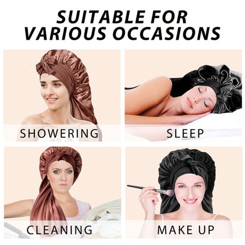 2Pcs Bonnets for Black Women Braid Bonnet, Large Long Satin Bonnet for Braids, Silk Bonnet with Stretchy Tie Band Sleep Cap Hair (2Pcs-Black&Brown)