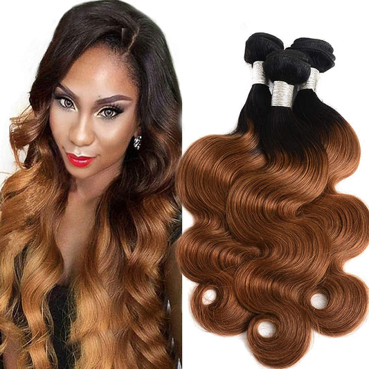 AUTTO Hair Ombre Human Hair 3 Bundles Two Tone 1B/30 Color Body Wave Hair Ombre Weaves Extensions (1B/30,12"14"16")