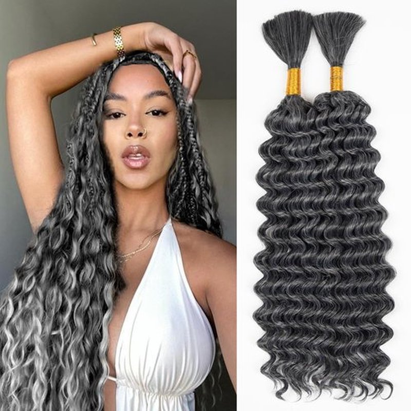 Deep Wave Bulk hair for Braiding Wet and Wavy Micro Braiding Hair No Weft Faux Deep Wave Braiding Hair Extensions for Box Boho Braids 150g with 2Bundles #1B/Grey (20Inch)