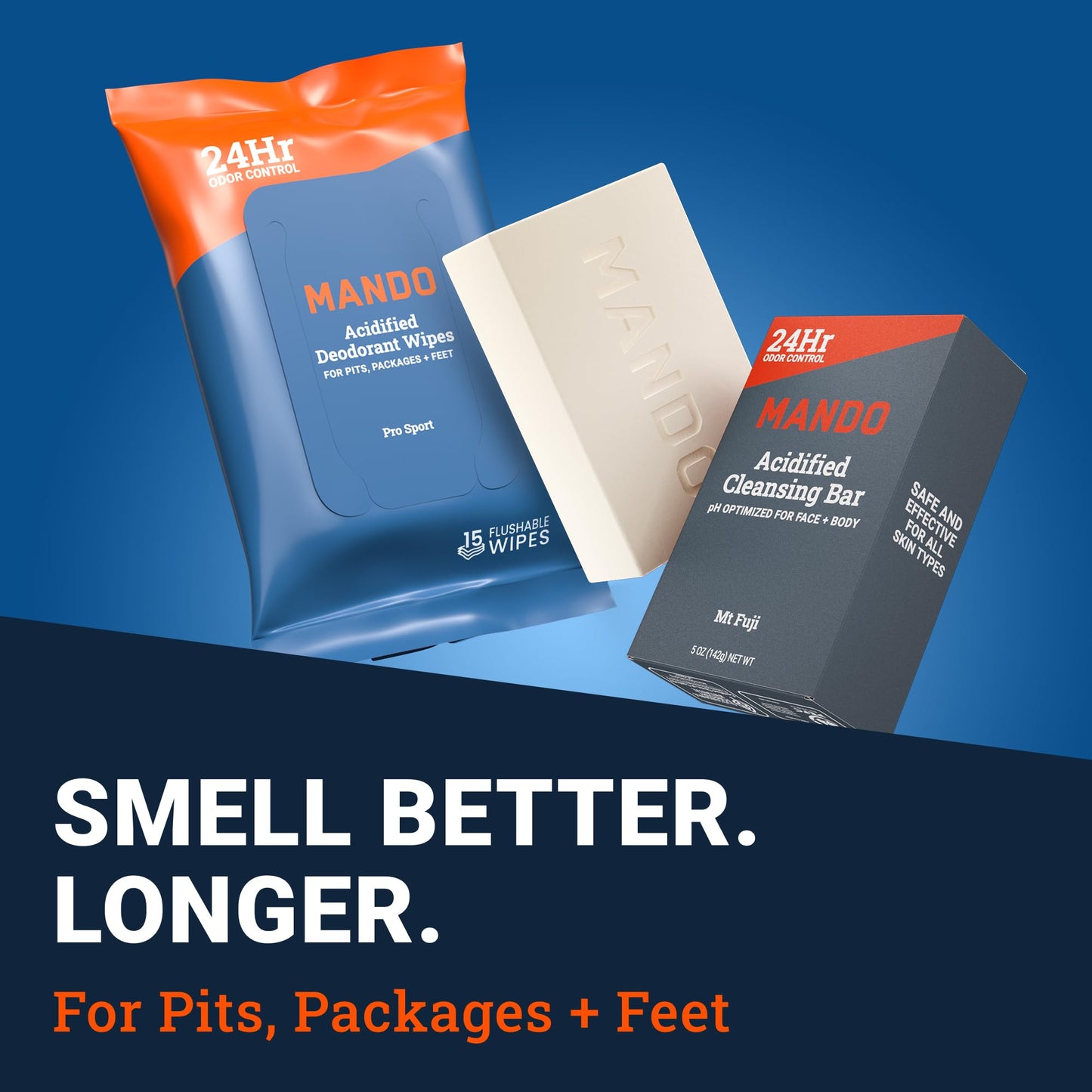 Mando Whole Body Starter Kit - 2.6 oz Solid Stick, 3.6 oz Spray, 1.5 oz Acidified Body Wash, 5 oz Acidified Cleansing Bar, 15 ct Deodorant Wipes - Aluminum Free Odor Control - 5 Piece Bundle (Mt Fuji)