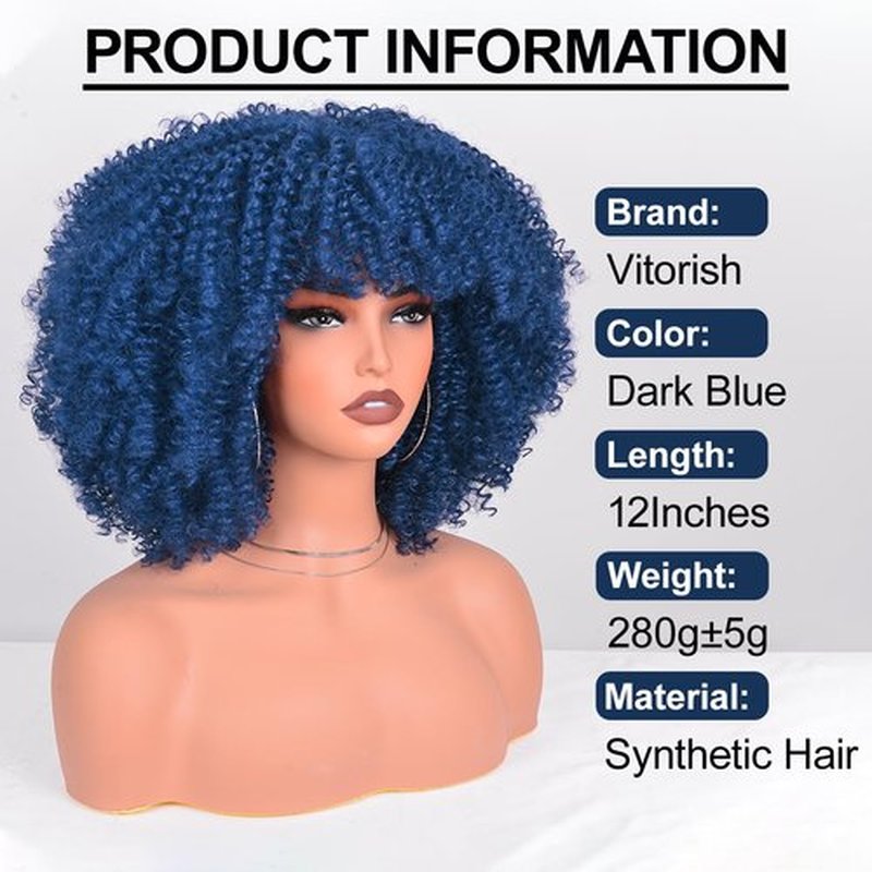 Vitorish Afro Curly Wigs for Black Women Afro Bomb Kinky Curly Wig with Bangs 12 Inches about 280g Fluffy and Soft Glueless Synthetic Hair Wig (Dark Blue)