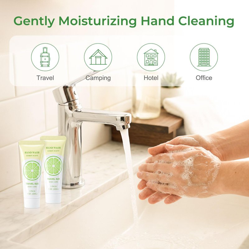 Travel Size Liquid Hand Soap Bulk, Individually Wrapped Portable 1 Fl Oz Single Small Tiny Hand Wash Gel Mini Pocket Lemon Handsoap, Packets Toiletries, Hotel Camping Shelter Homeless (Pack of 30)