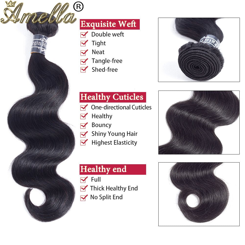 Amella Hair Brazilian Virgin Remy Body Wave Bundles with T Part Closure 4x0.75 Middle Part(12 14 16+12) 8A Body Wave Human Hair 3 Bundles with Closure T-Part Lace Closure Human Hair for Black Women
