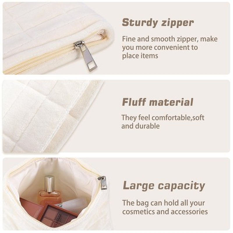 ZLFSRQ 2Pcs Makeup Bag for Women Trendy Large Capacity Cosmetic Bag Plush White Checkered Makeup Pouch for Purse Coquette Zippered Bag Organizer Y2K Aesthetic Accessories Makeup Brushes Storage Bag