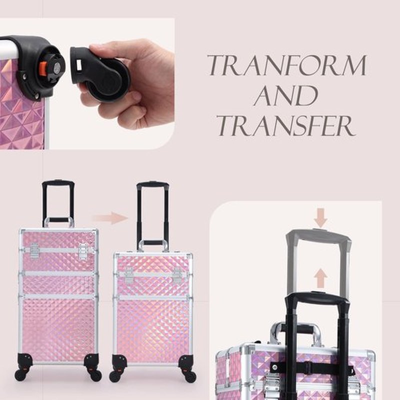 Adazzo 3 in 1 Professional Rolling Makeup Train Case Aluminum Trolley Case with 360° Rotation Wheels for Makuep Artist Cosmetic Suitcase Organizer with Lock and Key Diamond Pattern - Pink