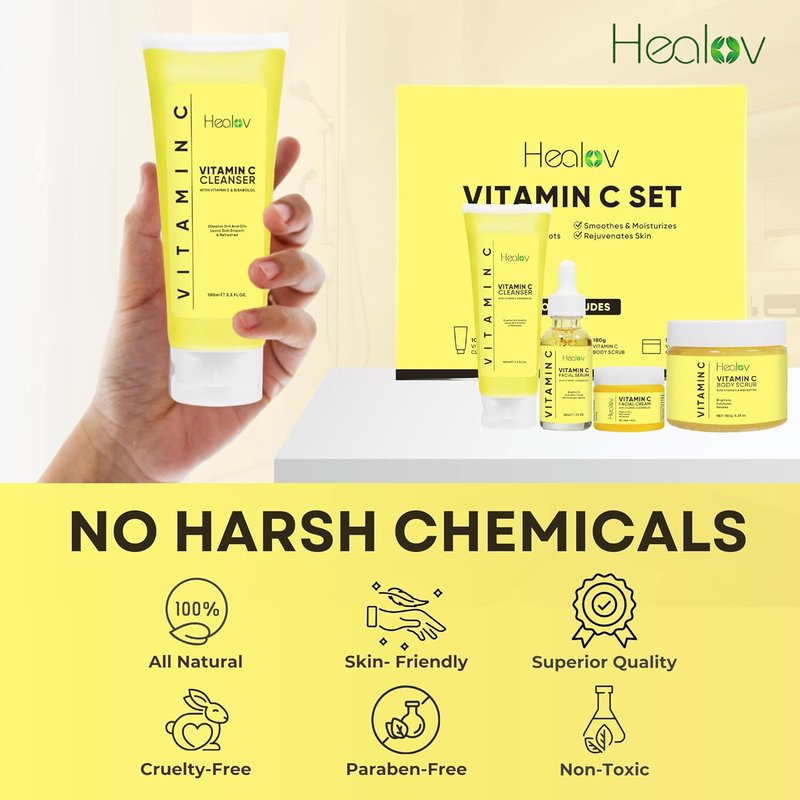 Vitamin C Skincare Set - Hydrating Cleanser, Exfoliating Scrub & Anti-Aging Serum | Travel Kit for Youthful Glow