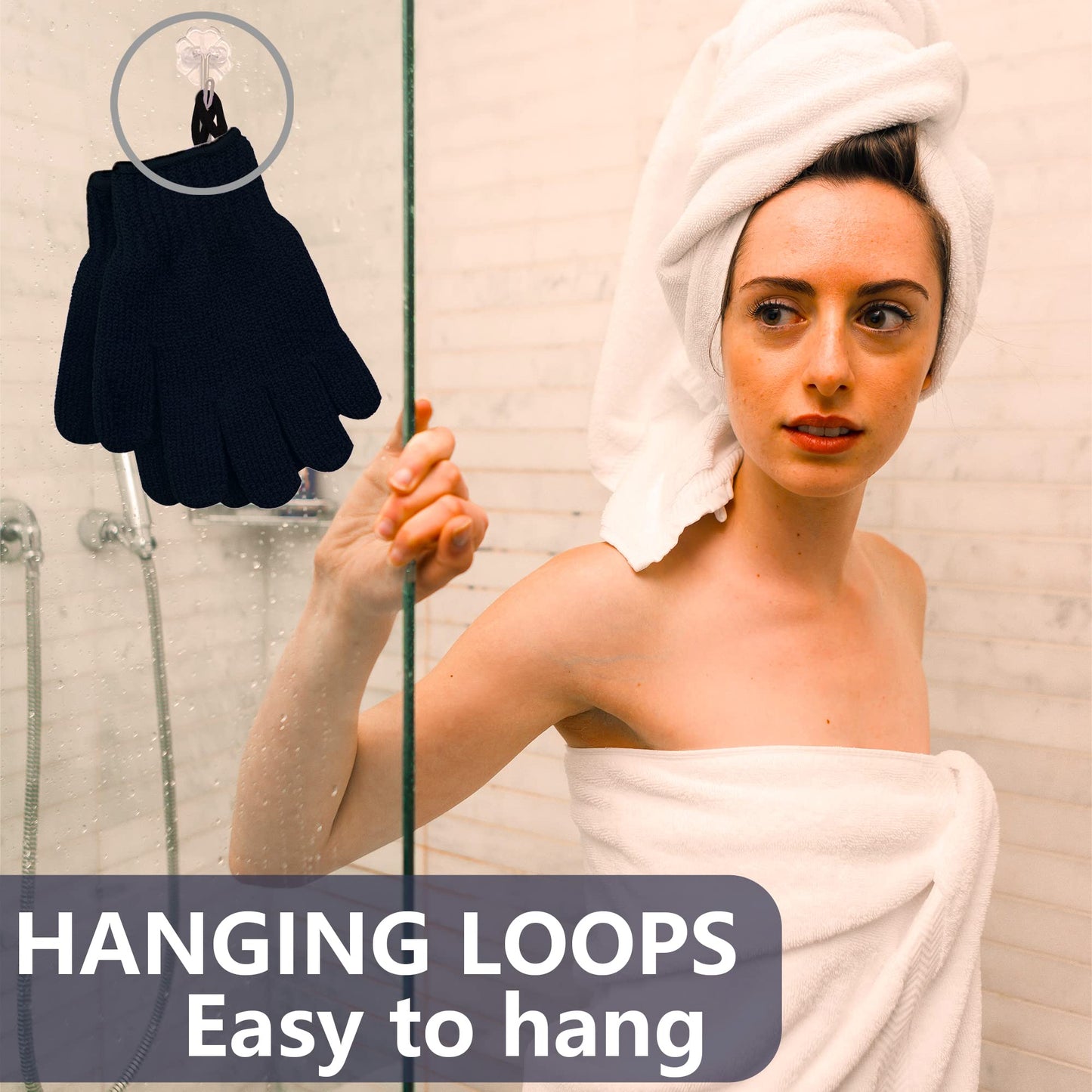Meiyante Heavy Exfoliating Shower Gloves with Hanging Loop, Black