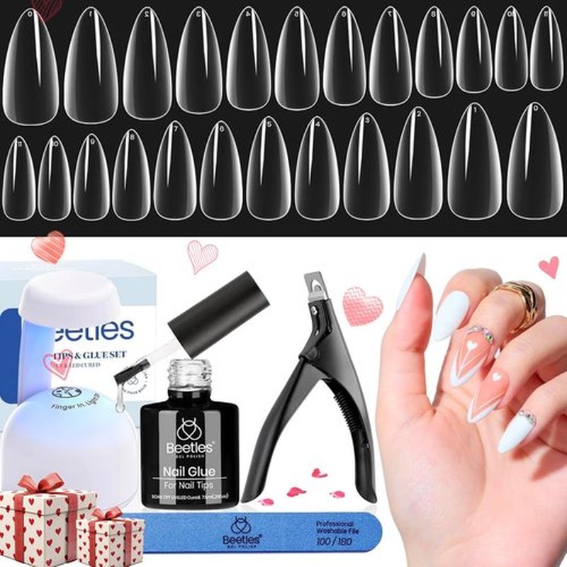 Beetles Easy Gel Tips Nail Extension Kit Extra Short Stiletto Pre-shaped False Nail Tips with 5 In 1 Nail Glue Gel Base Coat Fake Nails and Uv Led Nail Lamp Diy Gift for Women