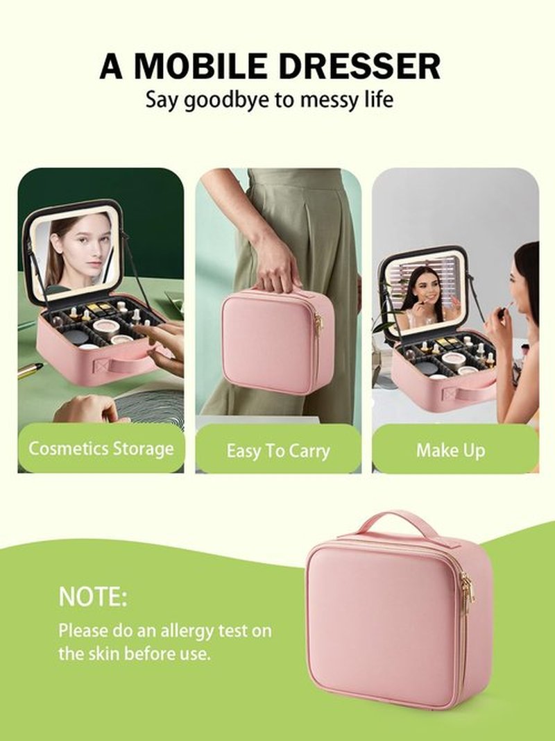 MIRRORNOVA Travel Makeup Bag with Lighted Mirror，Makeup Train Case with Adjustable Dividers and 3 Light Modes, PVC, Pink