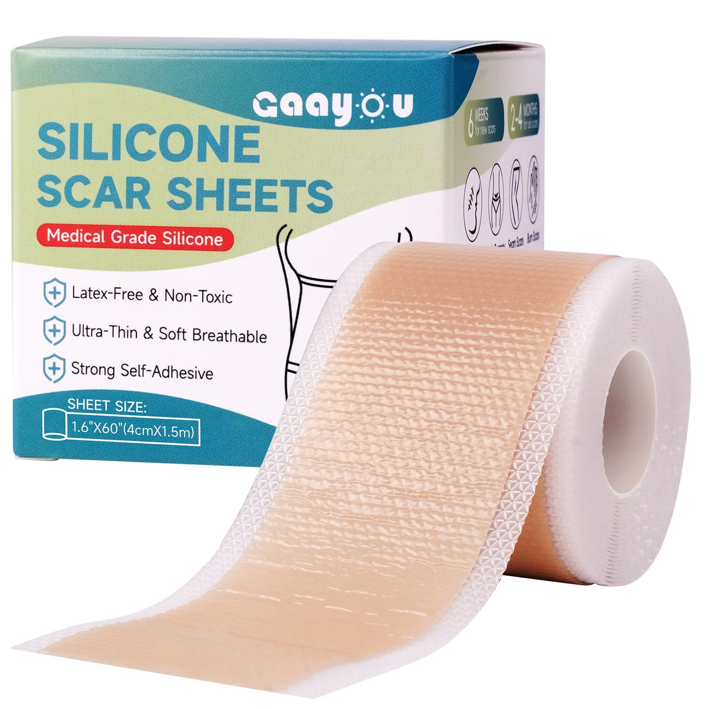 Silicone Scar Sheets, Silicone Scar Tape (1.6"x60 " Roll-1.5M) Reusable Professional Scar Silicone Strips Soft Silicone Scar Patches for Scar Removal Treatment, Surgical Scars, Keloid, C-Section, Burn