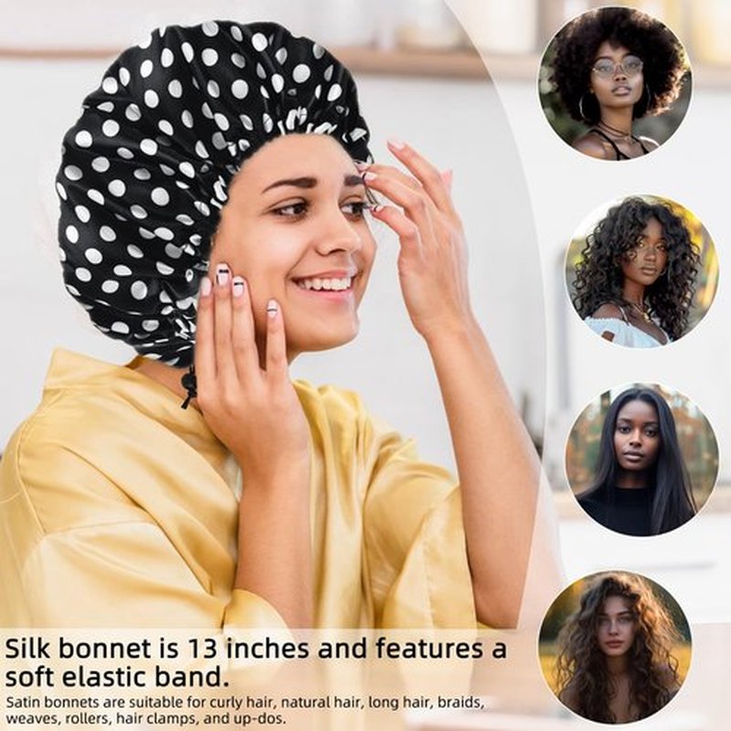 Satin Bonnet Silk Bonnet for Curly Hair Bonnet Braid Bonnet for Sleeping Bonnets for Women Large Double-Layer Adjustable(Dots)