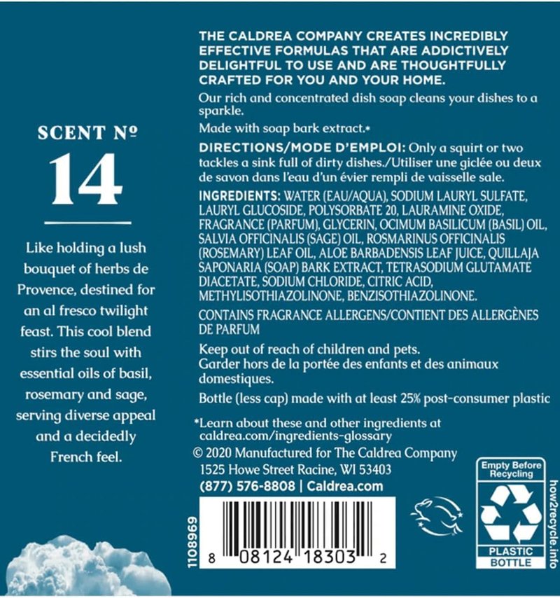 Caldrea Dish Soap - Biodegradable Dishwashing Liquid with Aloe Vera & Soap Bark | Basil Blue Sage, 16 oz