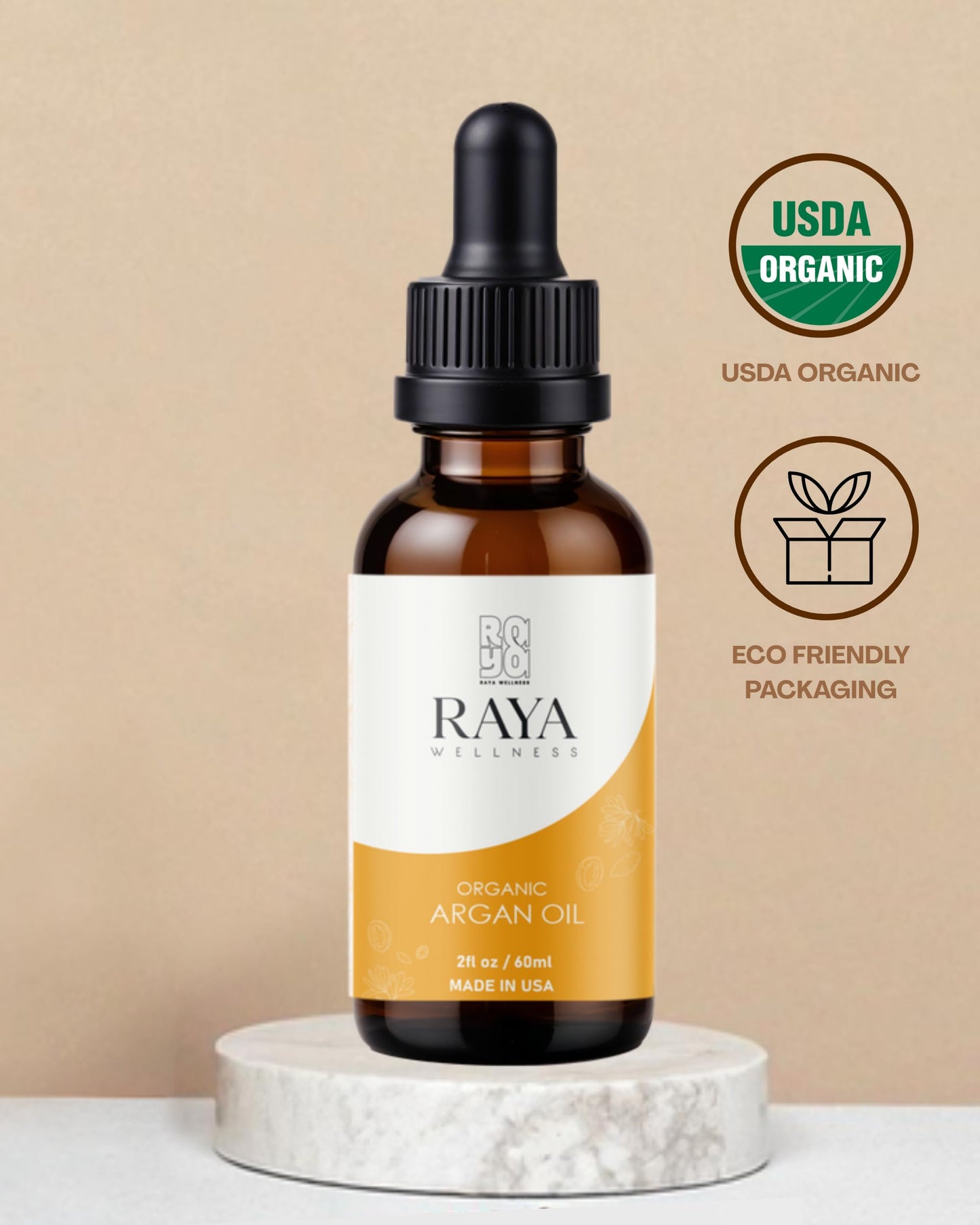 RAYA WELLNESS Organic Argan Oil – 2 fl oz (60 ml) | Cold-Pressed Carrier Oil for Hair & Skin | USDA Organic, Made in USA