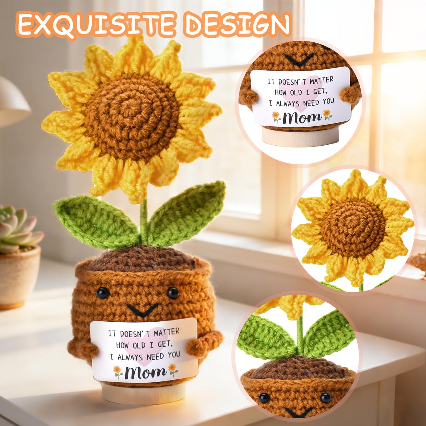 OEAGO Gifts for Mom Mothers Day: from Daughter Son Kids Mini Gifts for Mom Mama Handmade Crochet Cute Small Sunflowe Doll Gift with Base Birthday Present Idea for Mother Knitted Decor 6.69 x 2.75inch