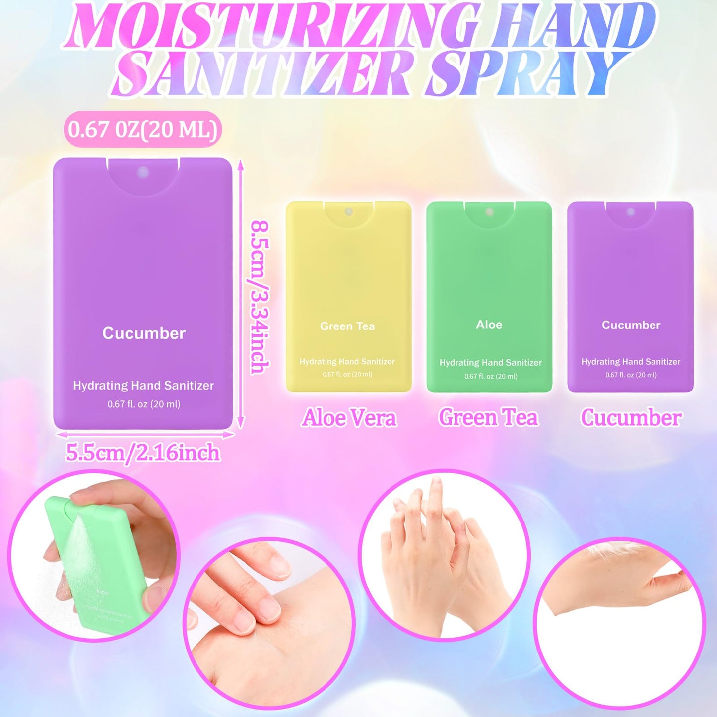 Dansib Set of 3 Power Mist Hydrating Hand Sanitizer Spray Bulk Travel Size Refreshing Hand Sanitizer 0.67 Fl. oz Compact Card Spray Bottle Aloe Green Tea Cucumber Scent for Adult Backpack Purse Pocket